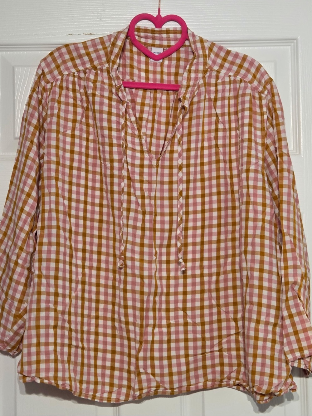 Old Navy Plaid Gingham Long Sleeve Boho Tie-Neck Blouse Size XL